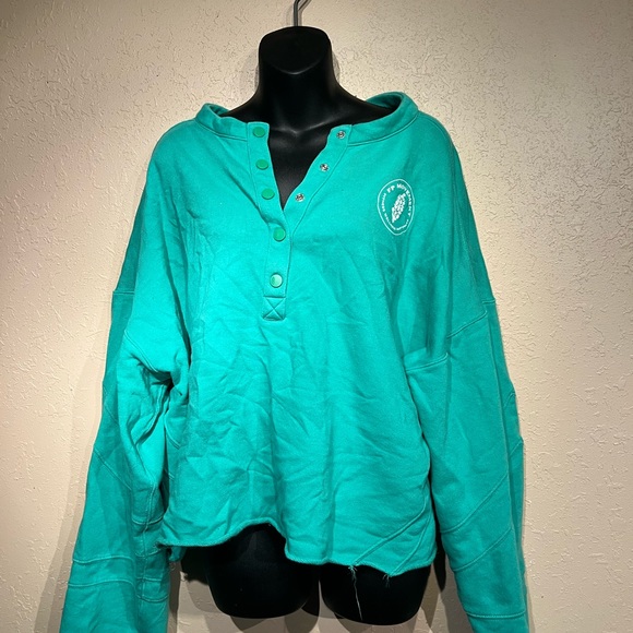 Free People Play on Sweat Green Button Up Sweatshirt - Picture 3 of 4